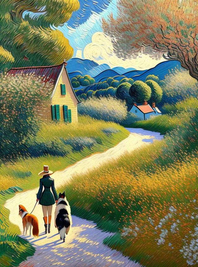 Person with hat walking dogs in vibrant landscape painting