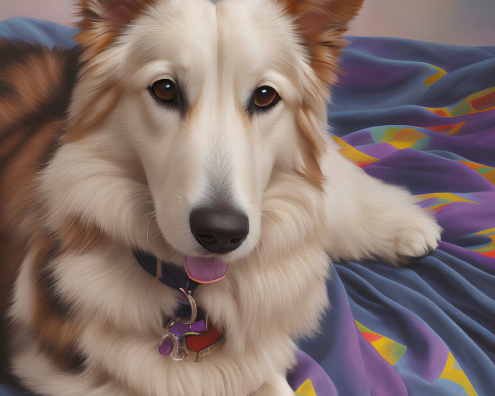 Brown and White Collie Dog Portrait on Colorful Blanket