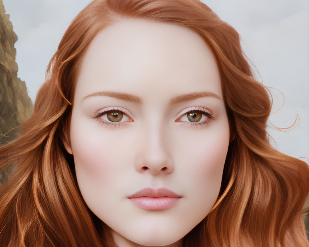 Close-up portrait of a woman with auburn hair and brown eyes on rocky backdrop