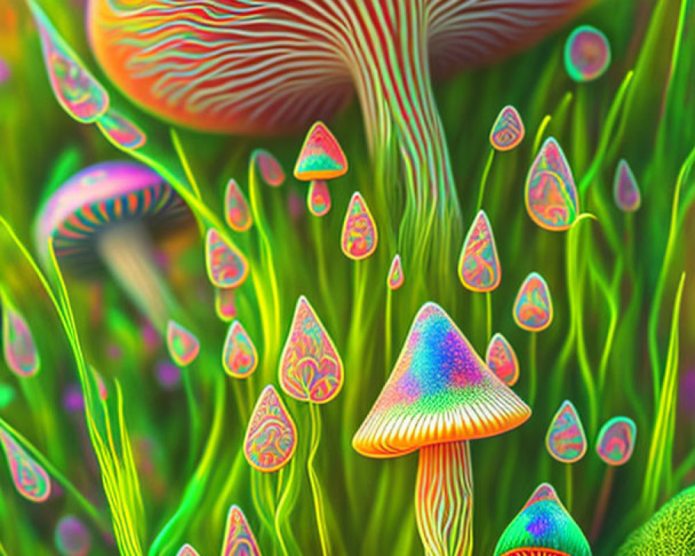 Colorful Psychedelic Mushroom Illustration on Neon Flora Background