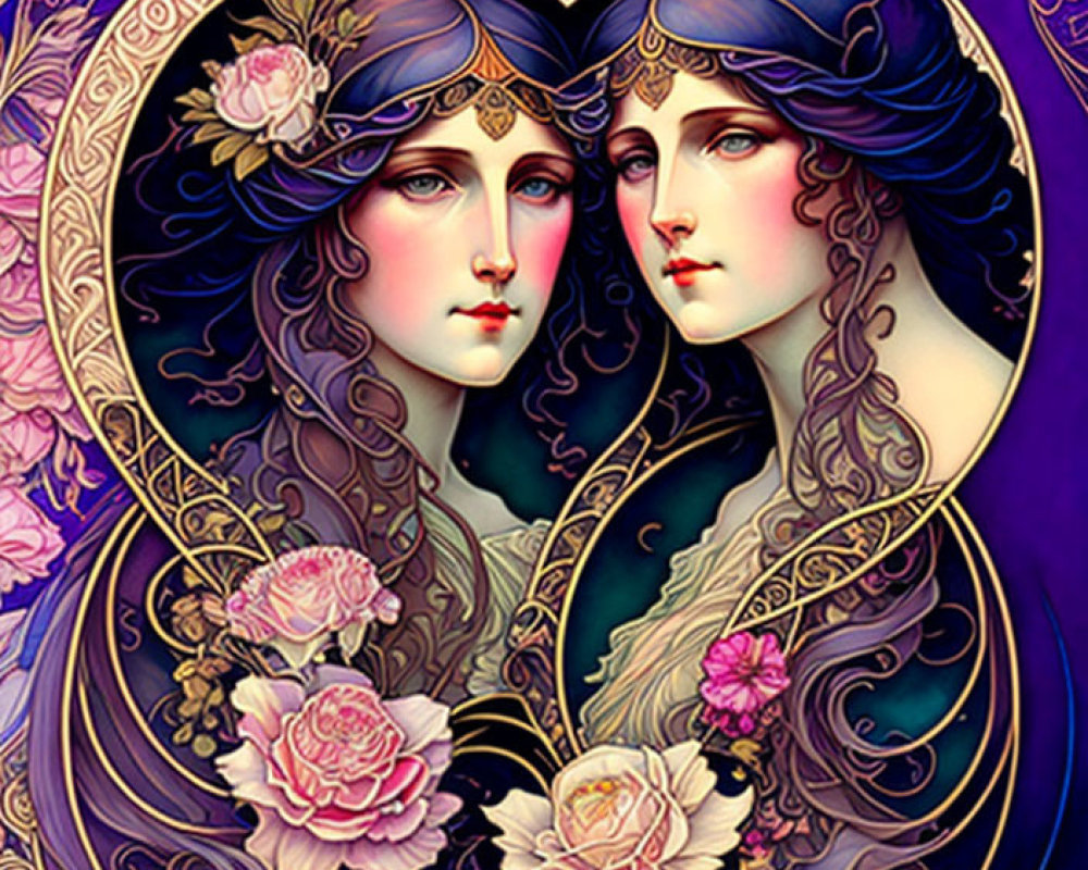 Stylized female figures with elaborate headdresses in heart-shaped border on purple background