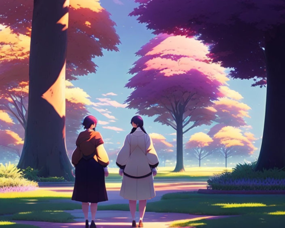 Animated characters stroll under pink blossomed trees against radiant pastel sunset.