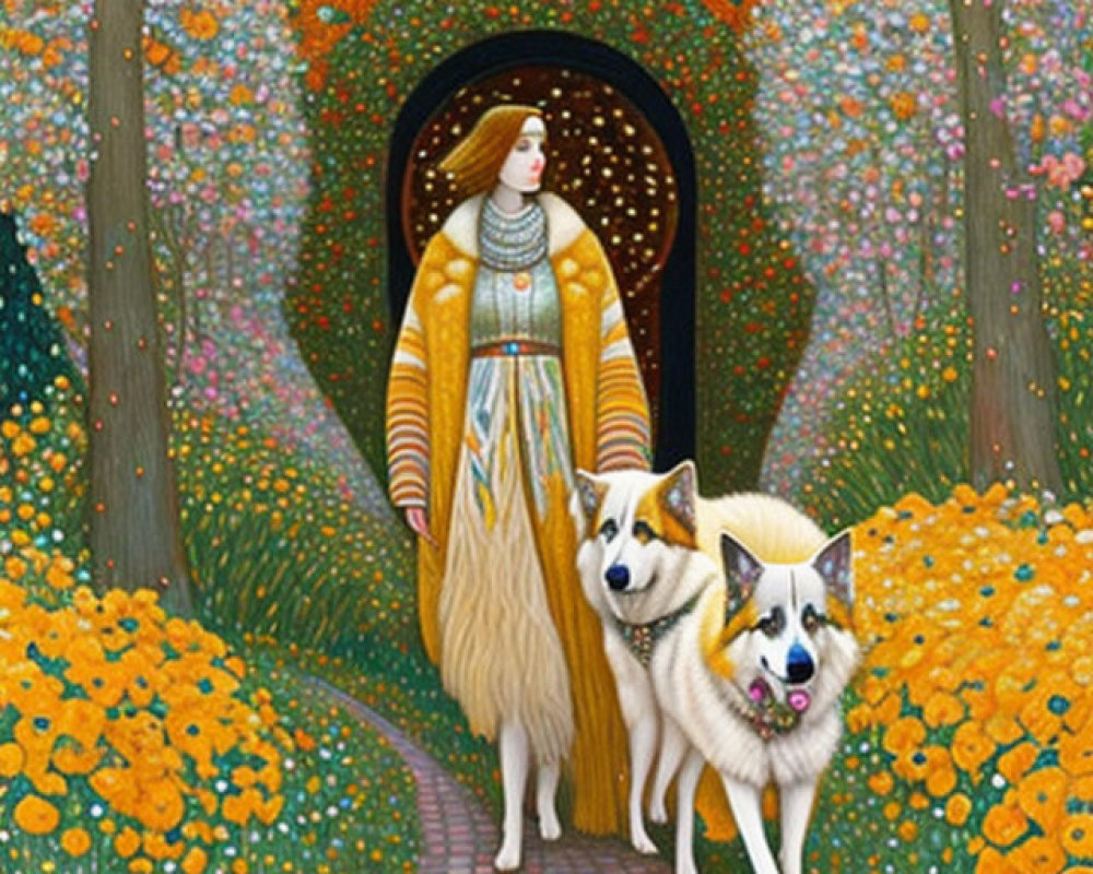 Colorful Woman with Dogs on Vibrant Path Amid Flowers and Lights