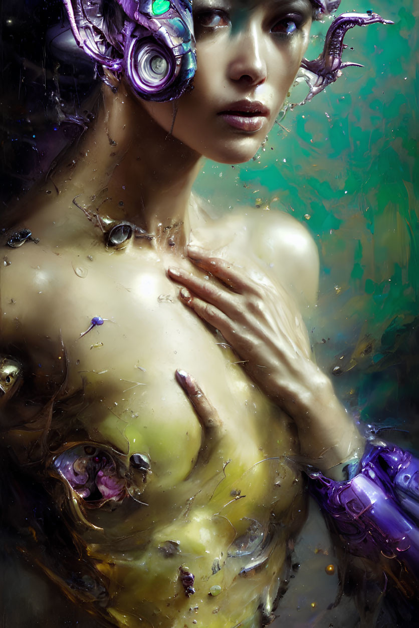 Female figure with purple metallic arm and headset in dreamy aqua-toned setting