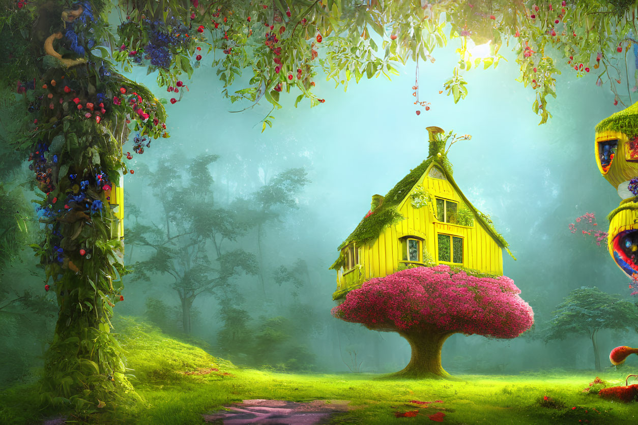 Colorful Forest Scene with Yellow Treehouse & Fantastical Creatures
