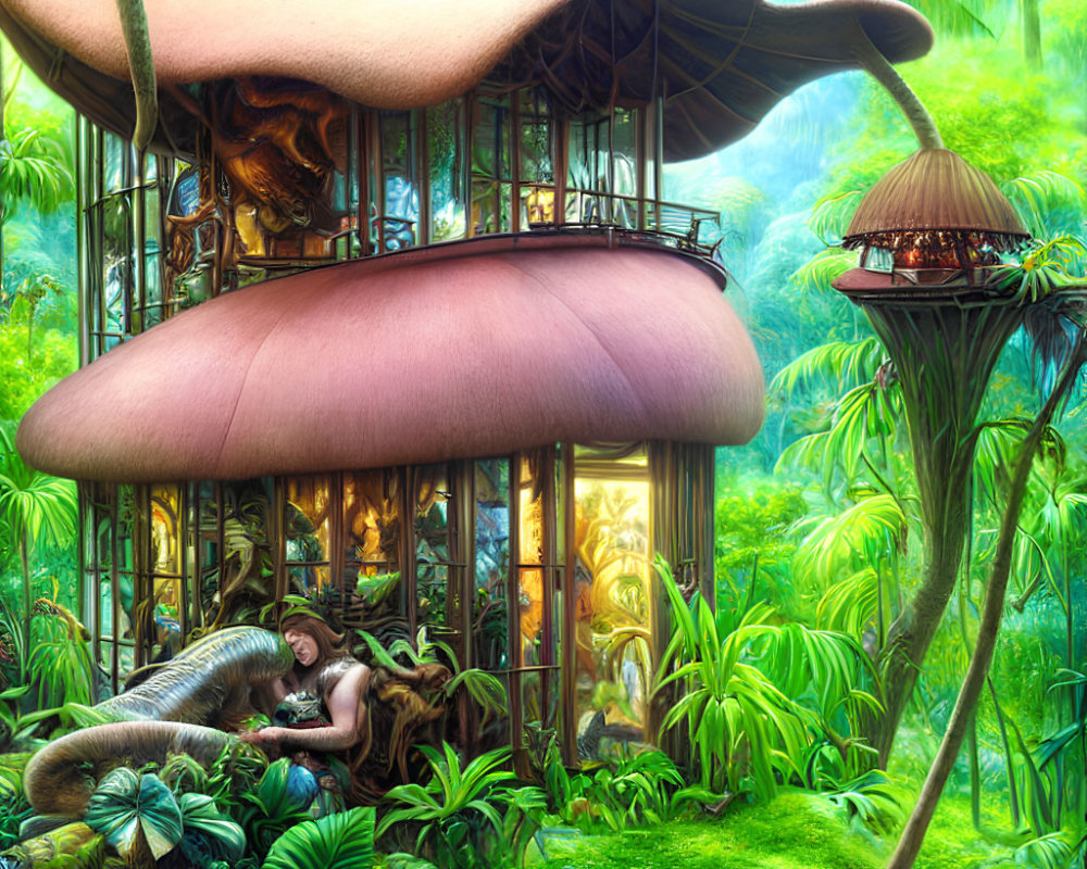 Mushroom-shaped House with Woman and Dragon in Forest