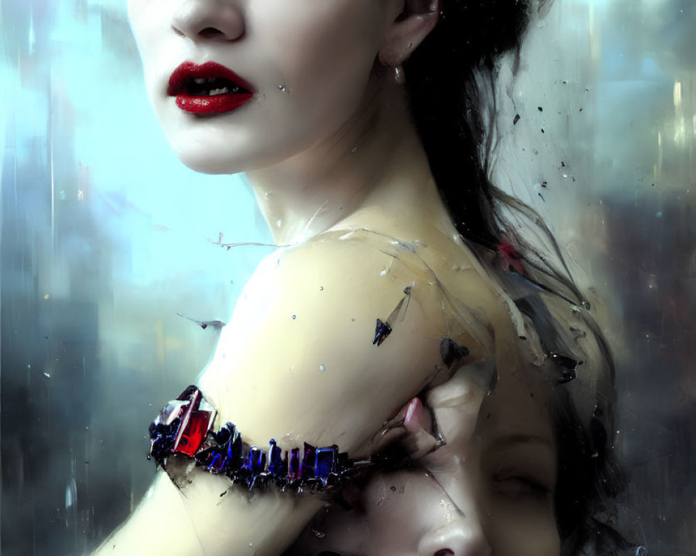 Digital painting of two women with dramatic makeup and intense expressions against a blurry cityscape background and wet glass