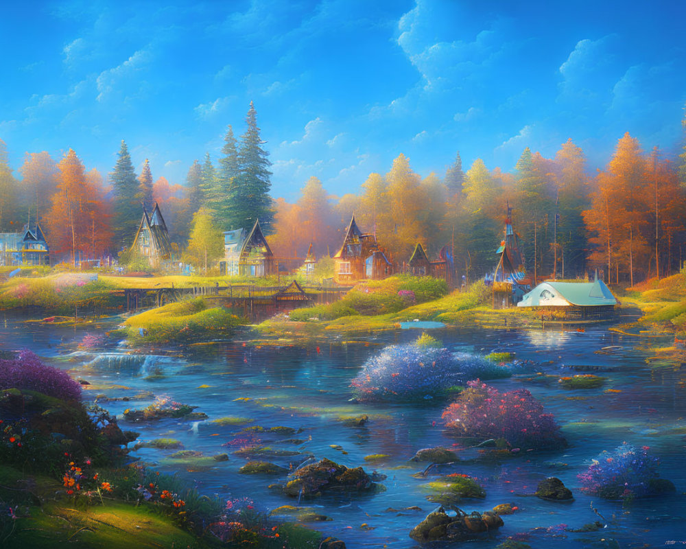 Tranquil river with vibrant flora and cozy cottages among autumn trees