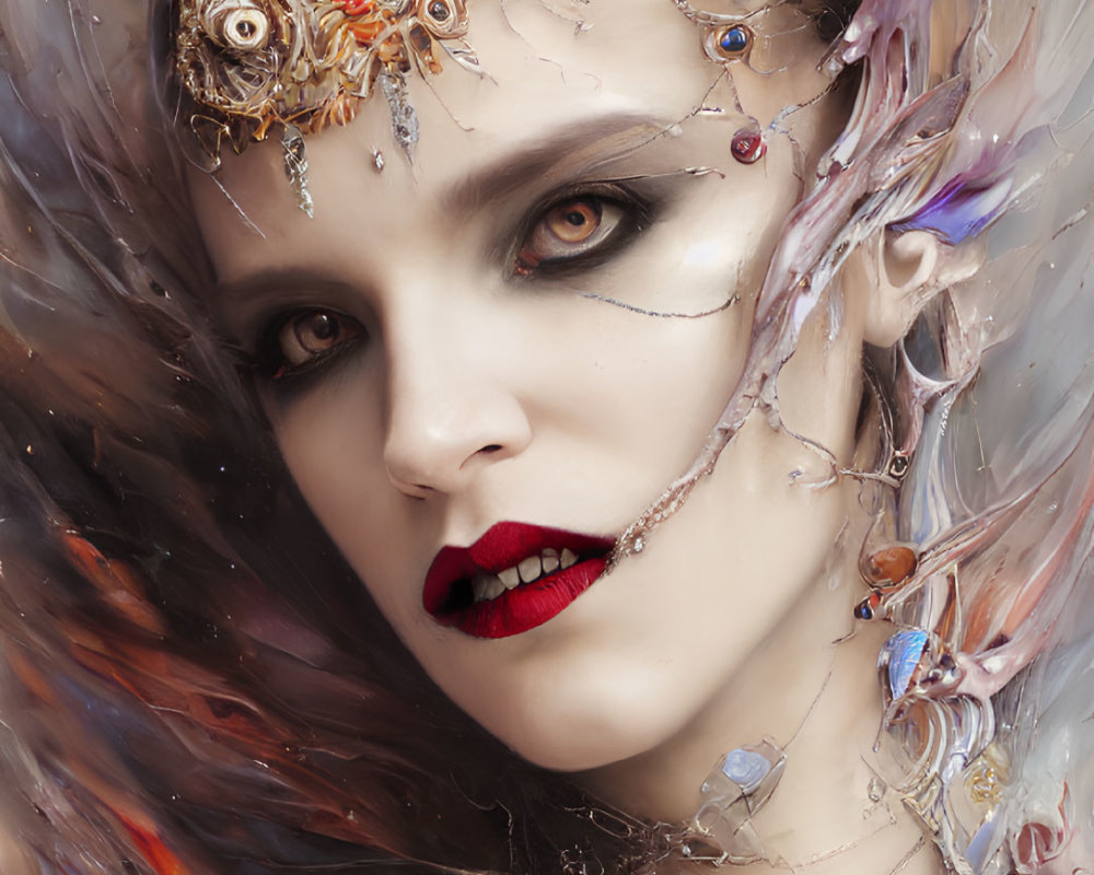 Woman with Gold Headpiece and Dramatic Makeup in Abstract Setting