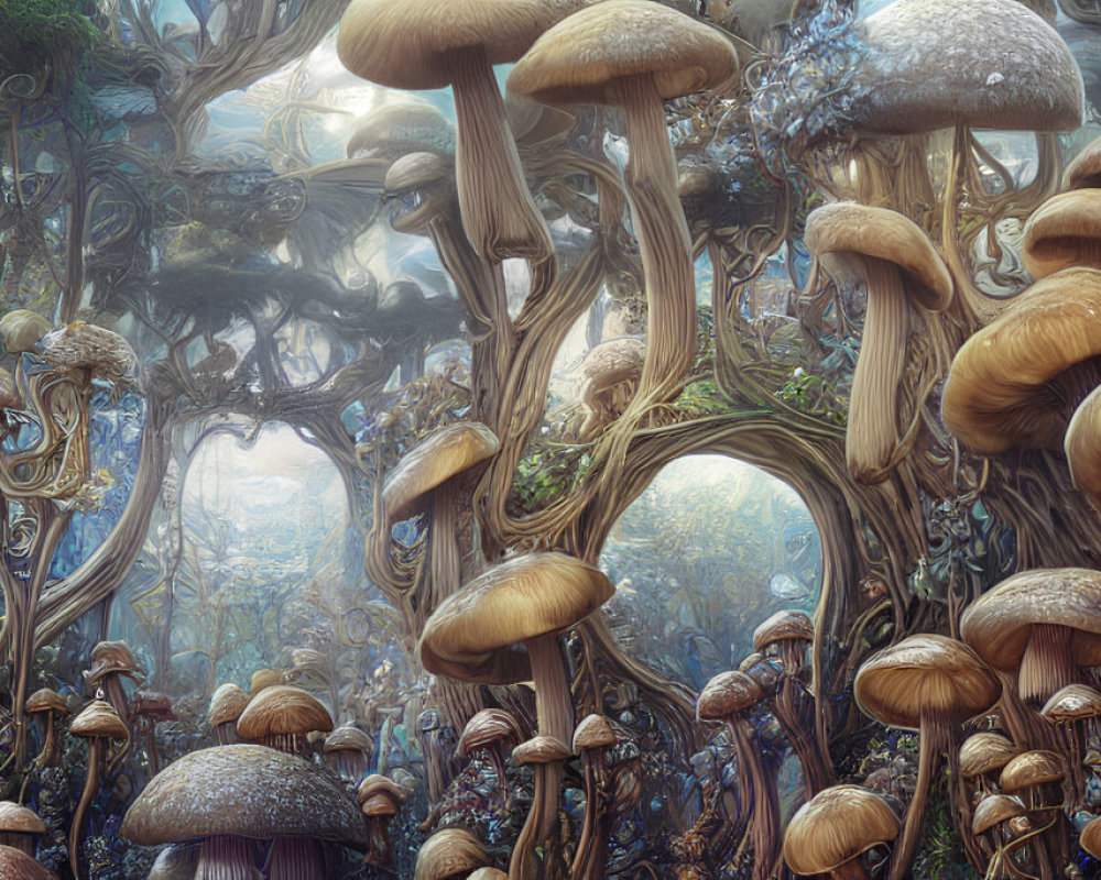 Enchanting forest scene with oversized mushrooms and twisted trees