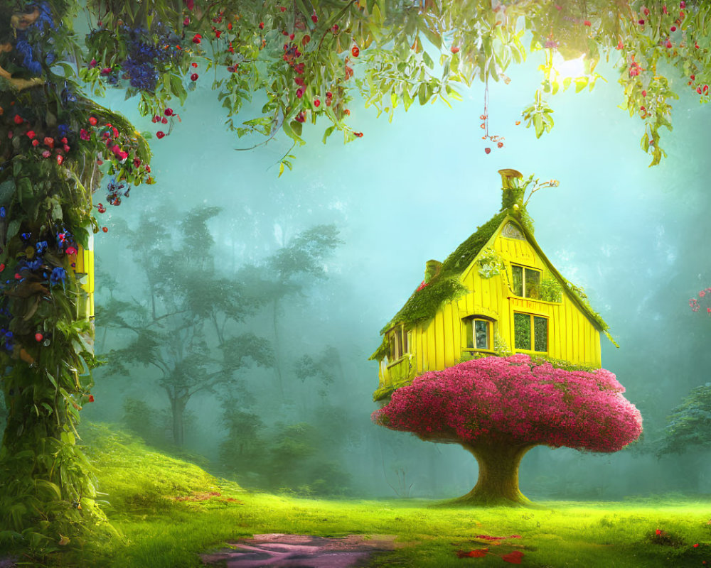 Colorful Forest Scene with Yellow Treehouse & Fantastical Creatures