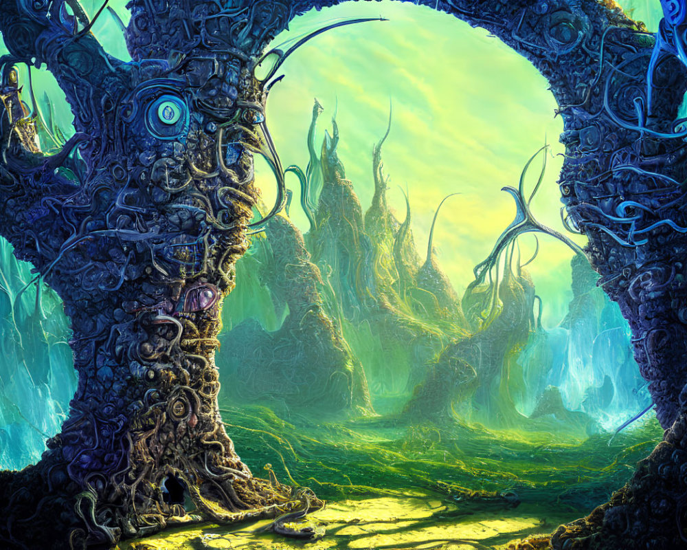 Alien trees frame archway to surreal forest with twisted vegetation
