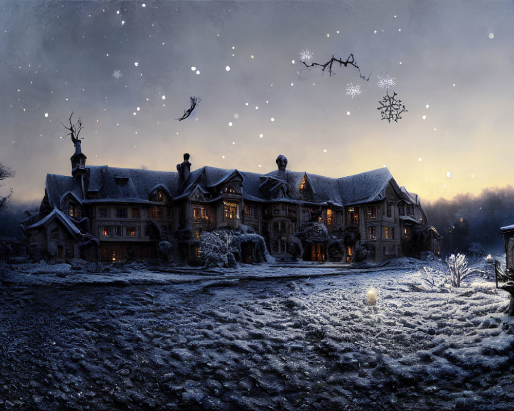 Illuminated mansion in snow under twilight sky with falling snowflakes