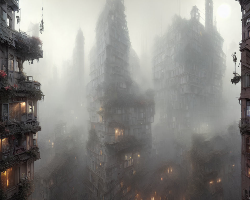Misty cityscape with overgrown buildings and foggy background