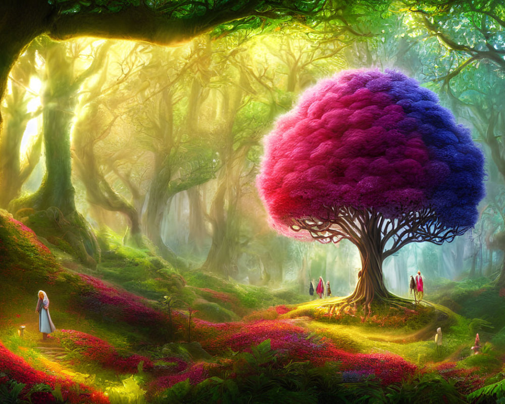 Colorful Tree in Enchanting Forest Scene with People Exploring