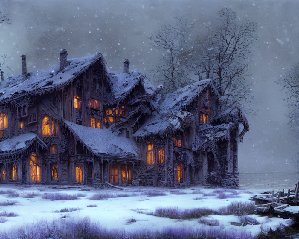 Rustic wooden house in snowy twilight landscape with glowing windows