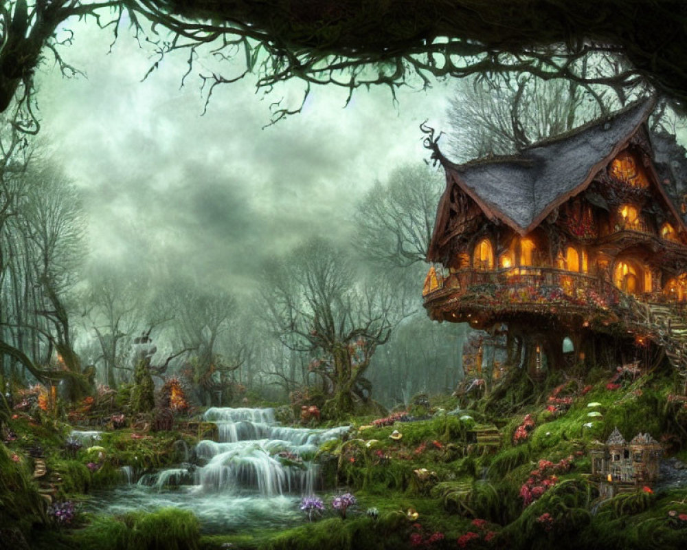 Enchanted forest cottage with cascading stream & mist