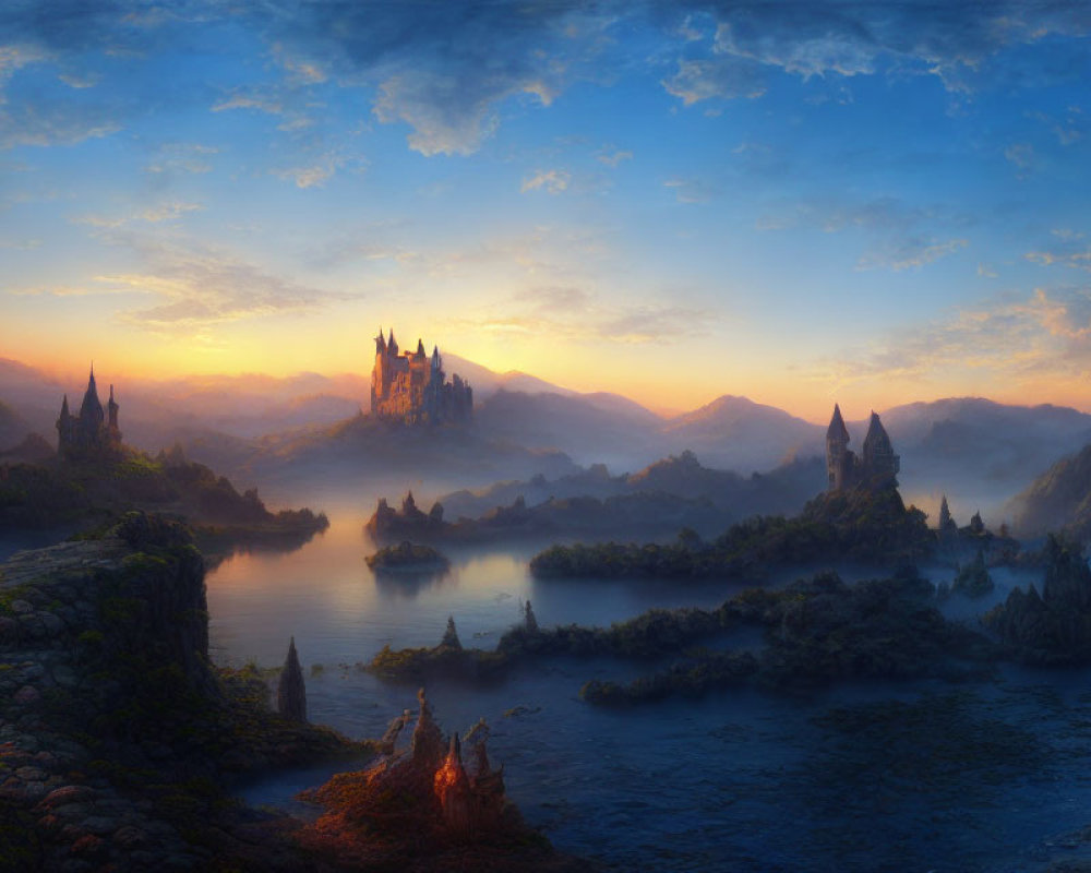 Majestic castles in misty hills at serene lake sunrise