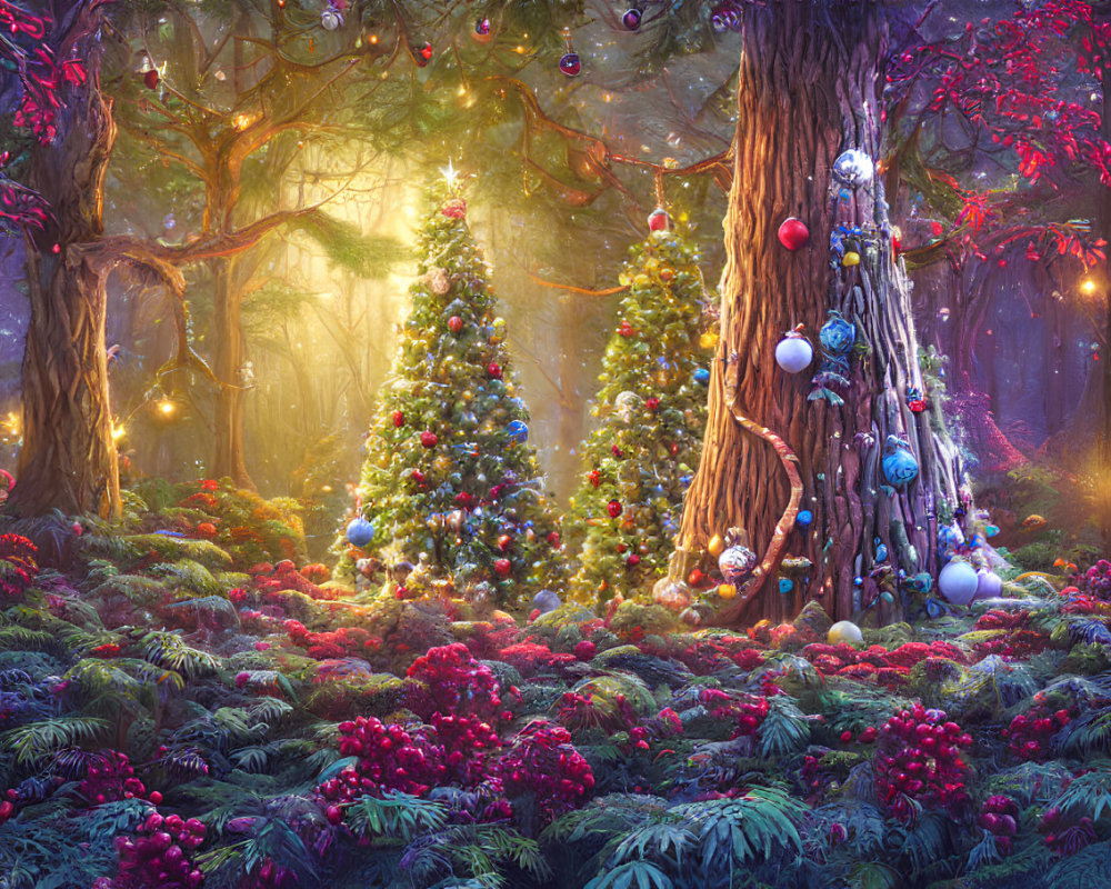 Sunlit enchanted forest with Christmas trees and colorful ornaments.