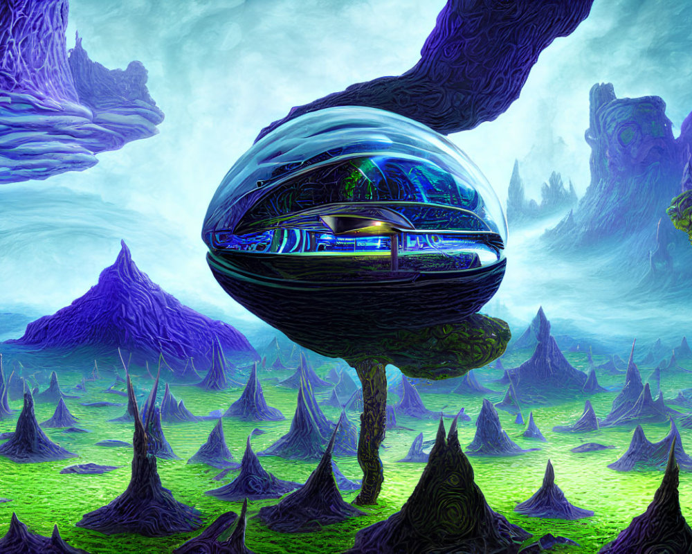 Futuristic hovercraft over alien landscape with spiky formations
