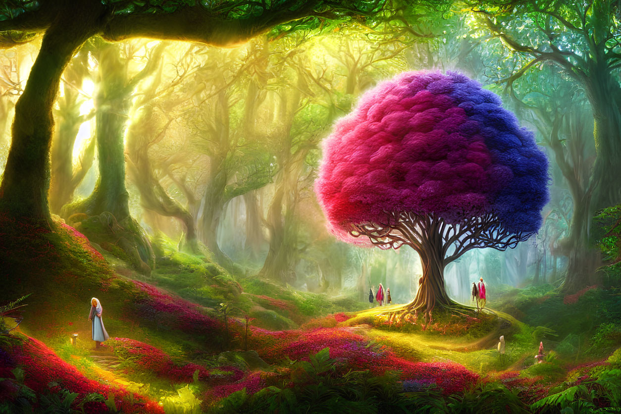 Colorful Tree in Enchanting Forest Scene with People Exploring