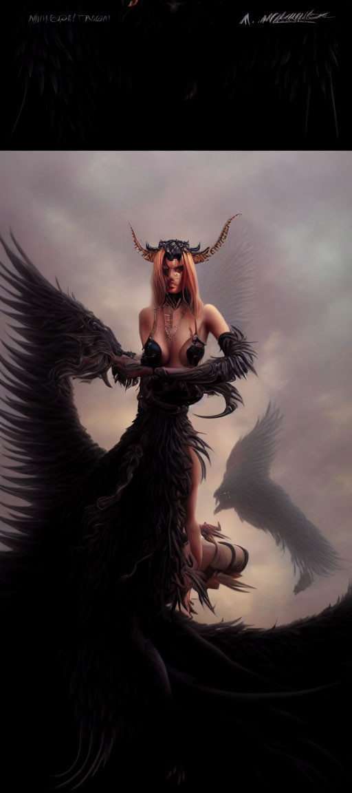 Fantasy character with horns and wings in dark atmospheric scene