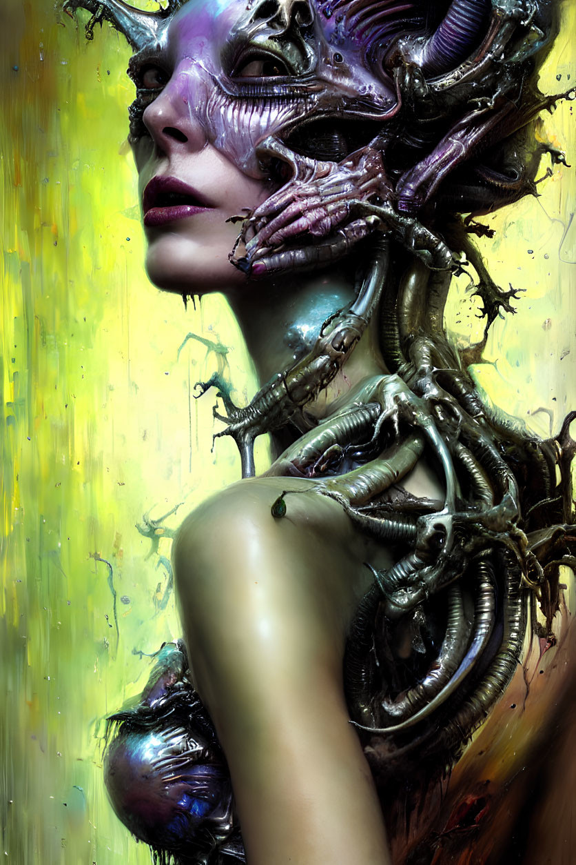 Elaborate Alien-Like Headpiece with Tentacles on Colorful Backdrop