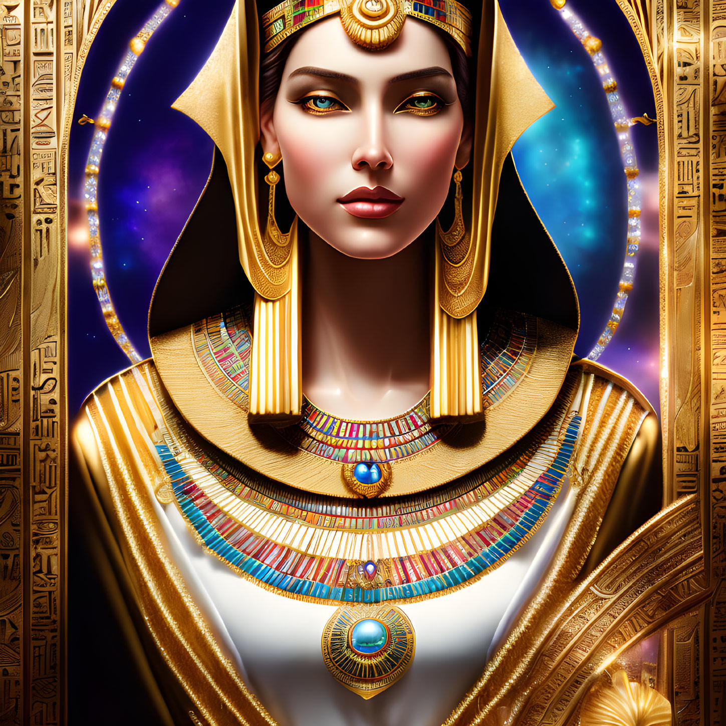 Stylized portrait of woman with ancient Egyptian royal attire and cosmic motifs