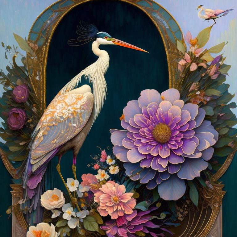 Colorful Heron Illustration with Flowers and Bird in Flight
