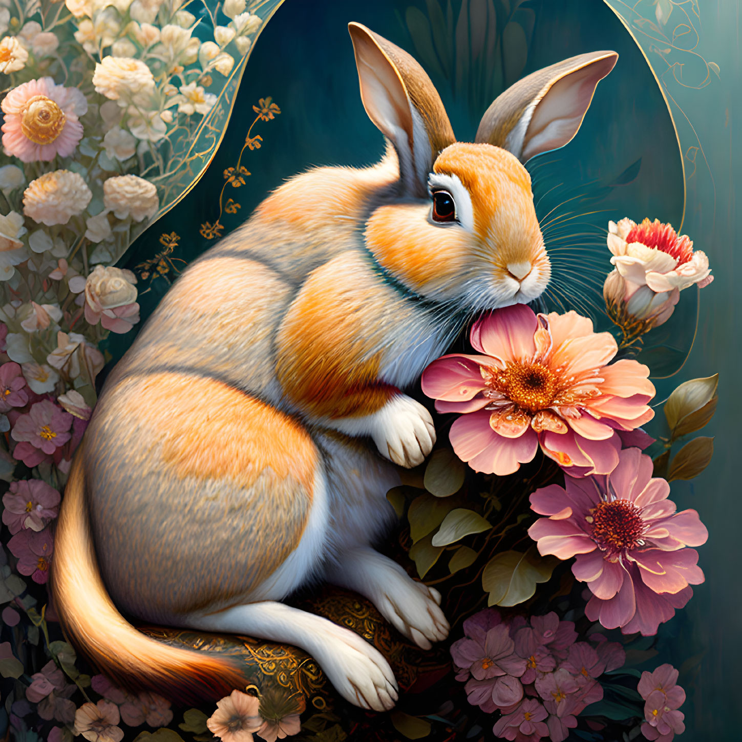 Illustrated rabbit with flowers on dark background, ornate details and soft glow.