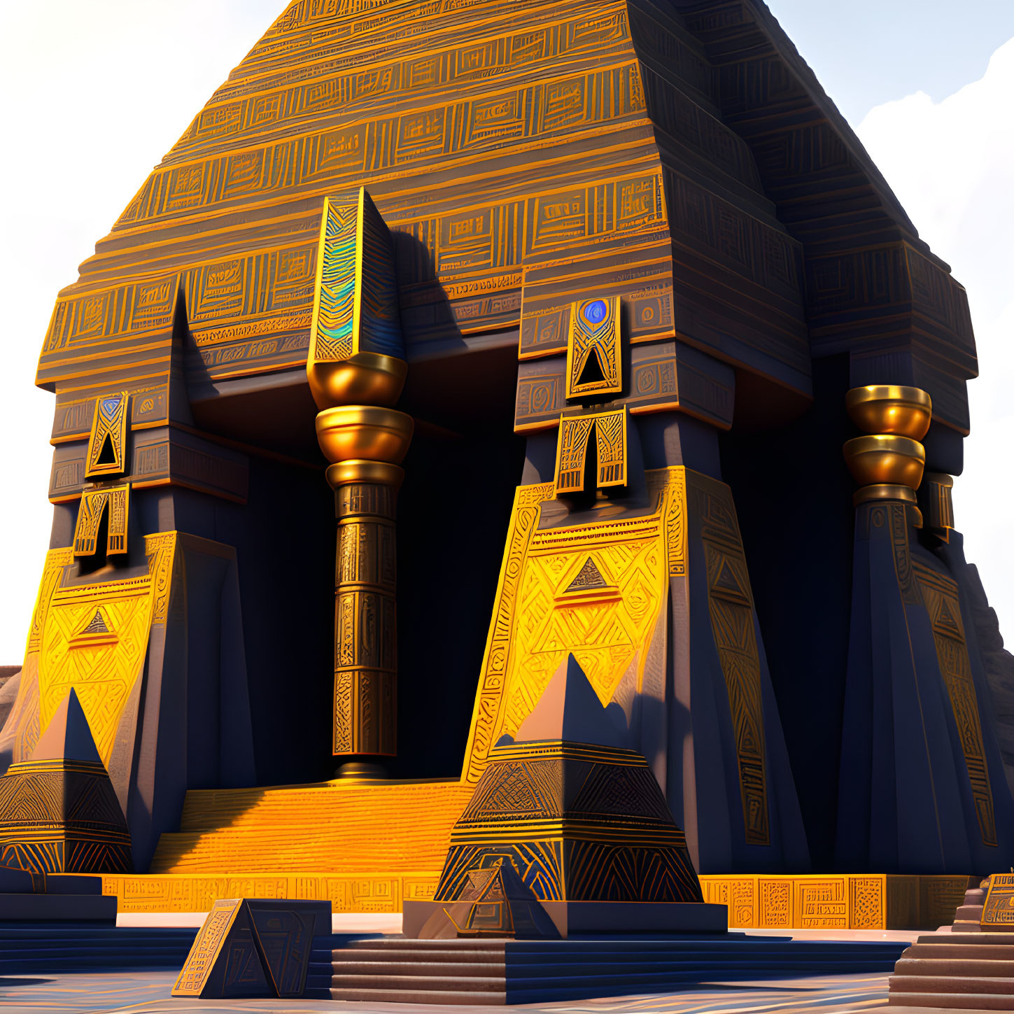 Digital illustration of Egyptian-like temple with ornate columns & hieroglyph patterns in warm ambiance