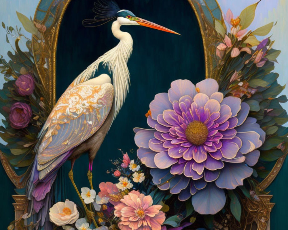 Colorful Heron Illustration with Flowers and Bird in Flight