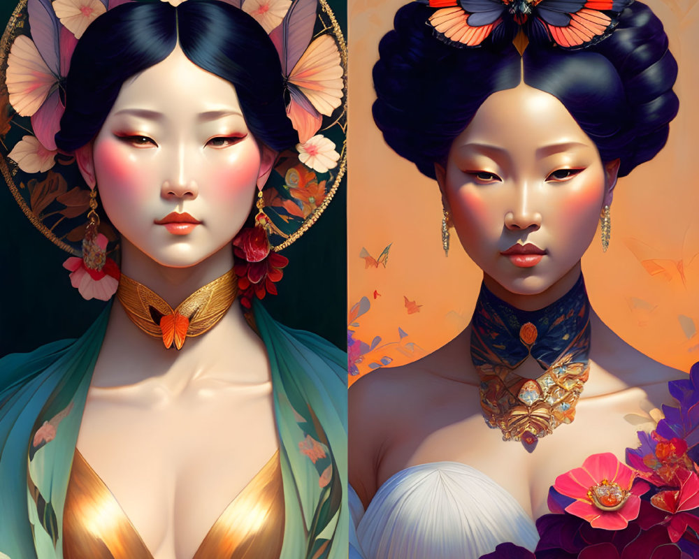 Stylized digital artwork: Two women with butterfly headdress in warm tones