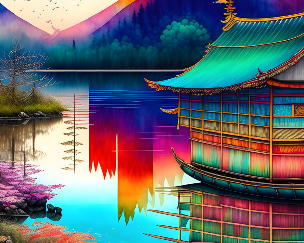 Illustration of Traditional Japanese Temple by Calm Lake at Twilight