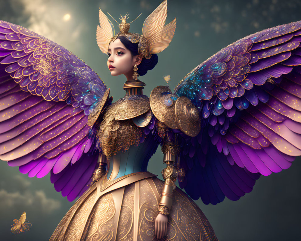 Regal woman with colorful wings and golden armor in cloudy sky