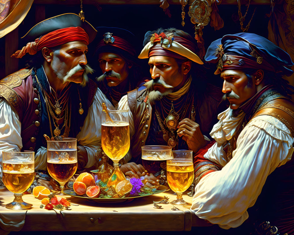 Detailed Image: Four Men in Pirate Attire Discussing at Table