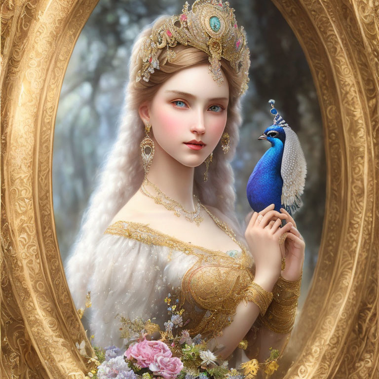 Regal woman in golden gown with peacock in ornate oval portrait