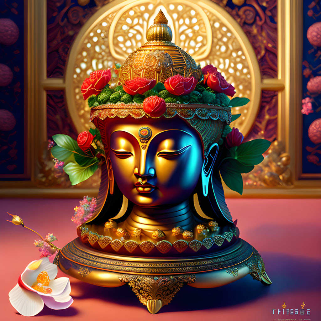 Colorful Buddha Head with Golden Ornaments and Red Flowers on Mandala Background
