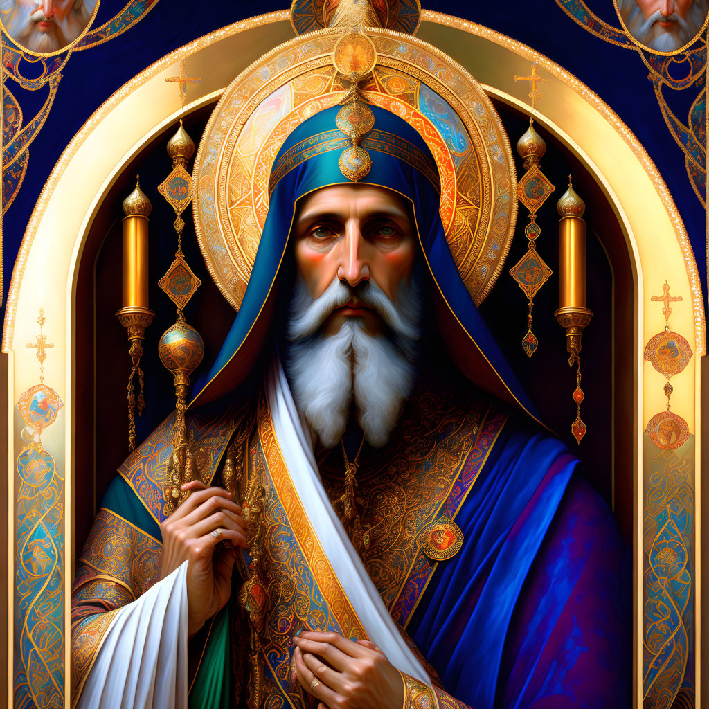 Colorful digital artwork of saintly figure in blue and gold robes with white beard, set in orn