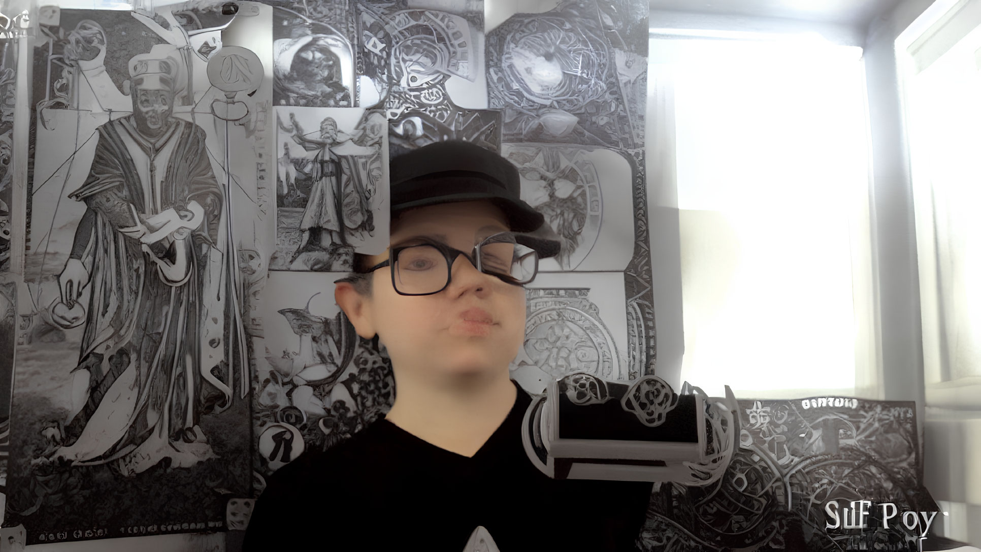 Cap and Glasses Wearer Puckering Lips in Selfie with Tarot Card Wall Art