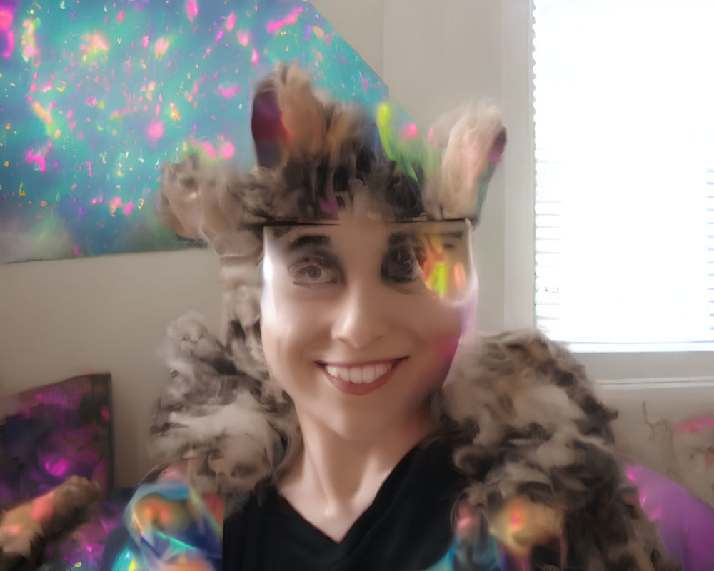 Person in furry costume smiling indoors with colorful artwork background