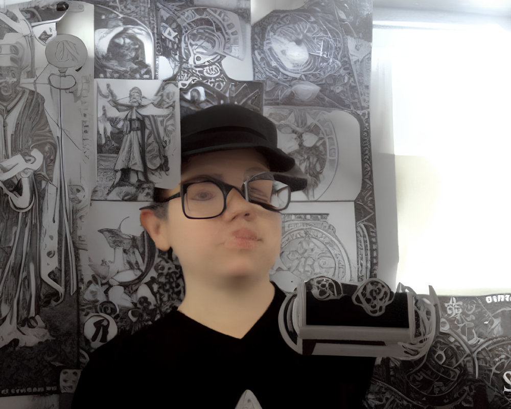 Cap and Glasses Wearer Puckering Lips in Selfie with Tarot Card Wall Art