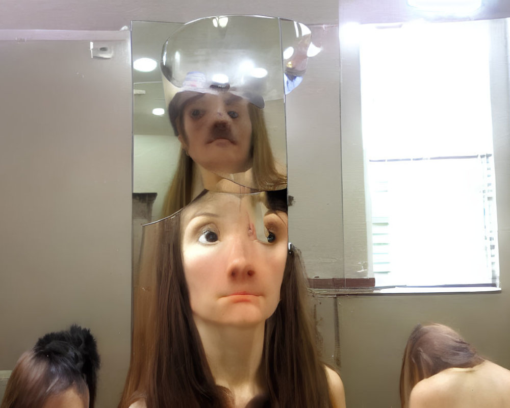 Fragmented mirrored reflection of a woman's face in a surreal bathroom scene