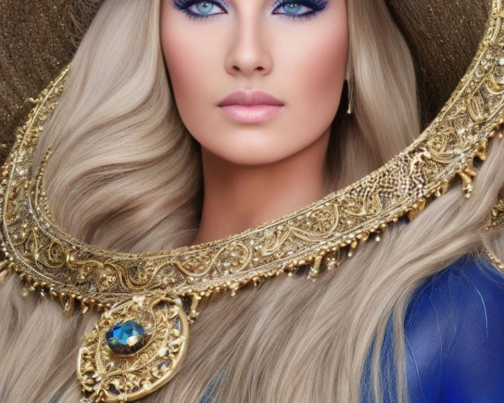 Woman with Blue Eyes, Blonde Hair, Wide-Brimmed Hat, and Ornate Necklace