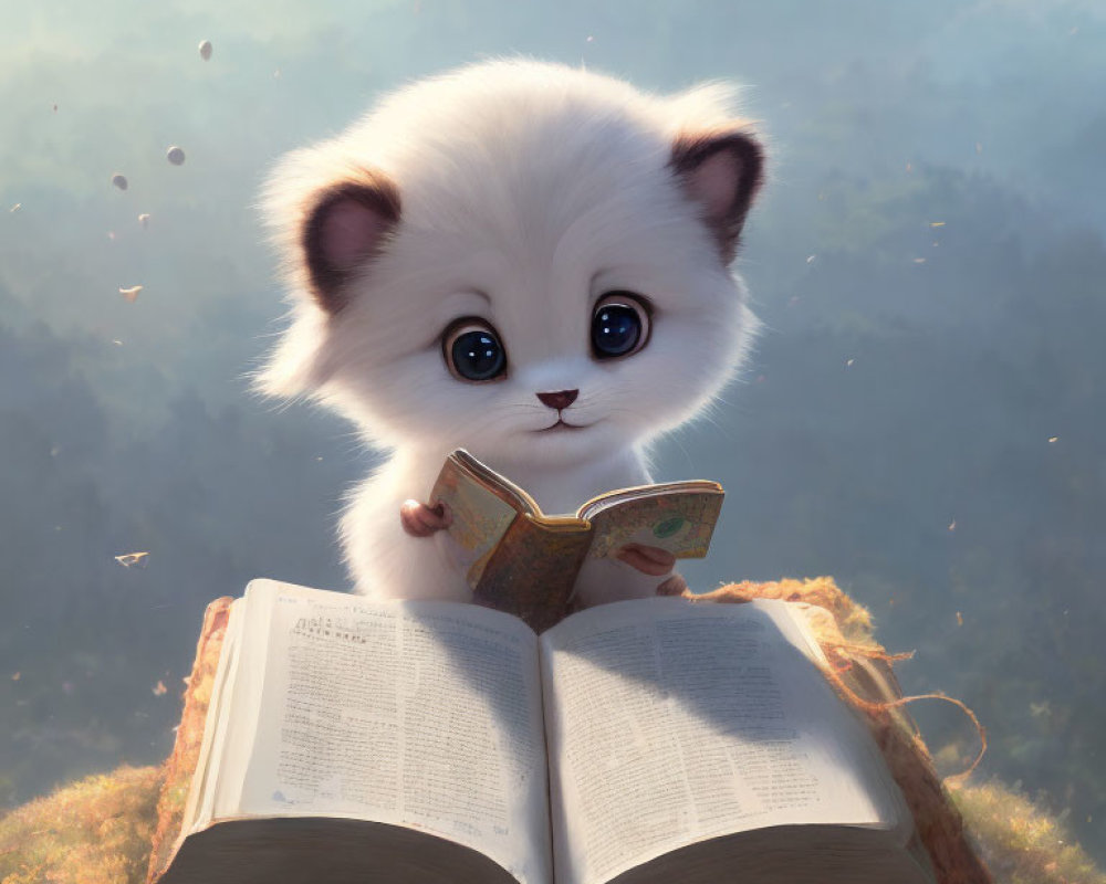 Fluffy white kitten reading book in dreamy landscape