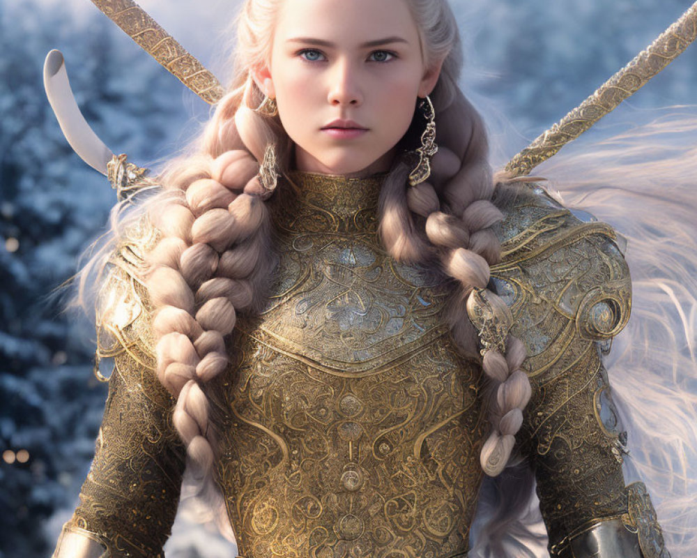 Fantasy warrior woman in golden armor with braided hair in snowy landscape