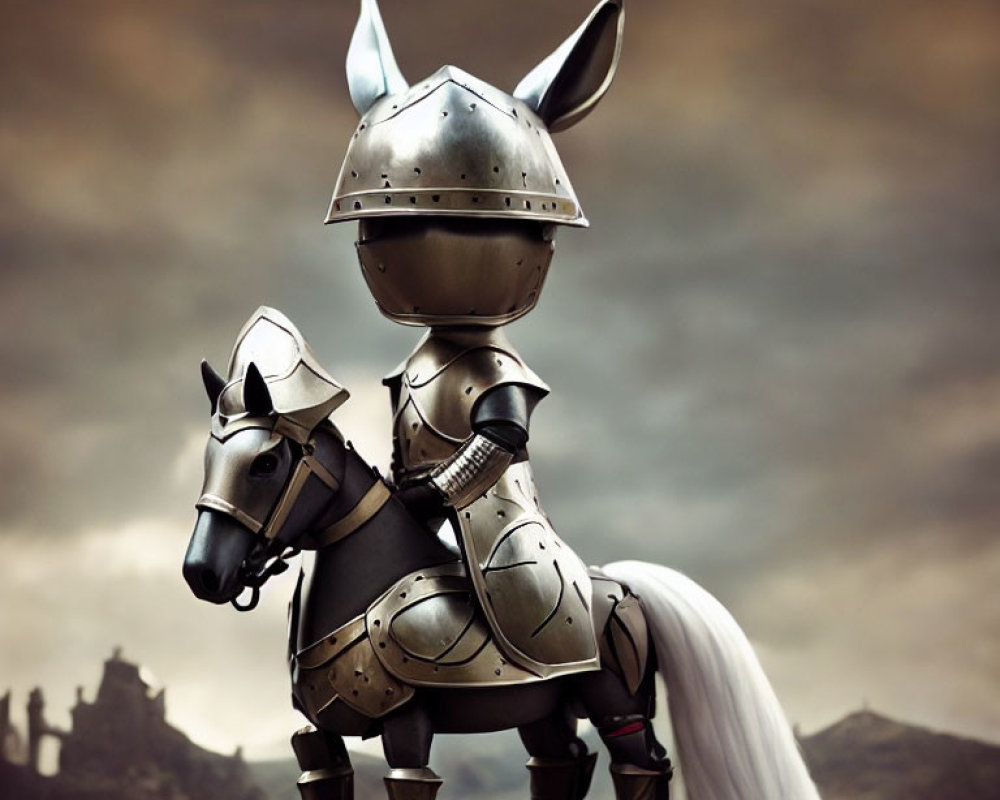 Rabbit-themed armor on horseback under moody sky