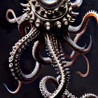 Steampunk-style octopus sculpture with clock, tentacles, gears, and gemstones