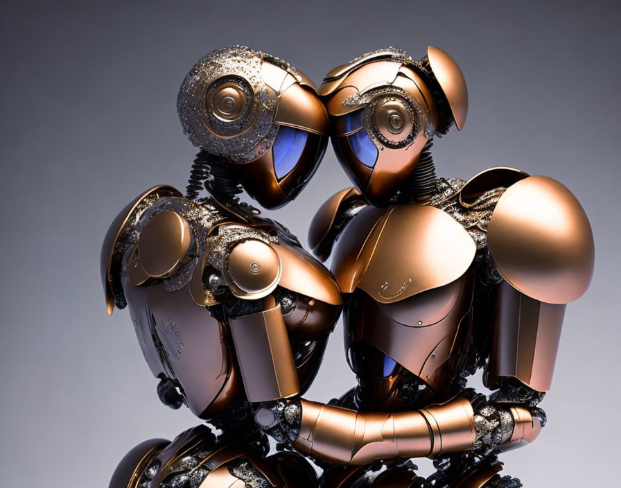 Bronze-toned metallic robots embracing in human-like manner