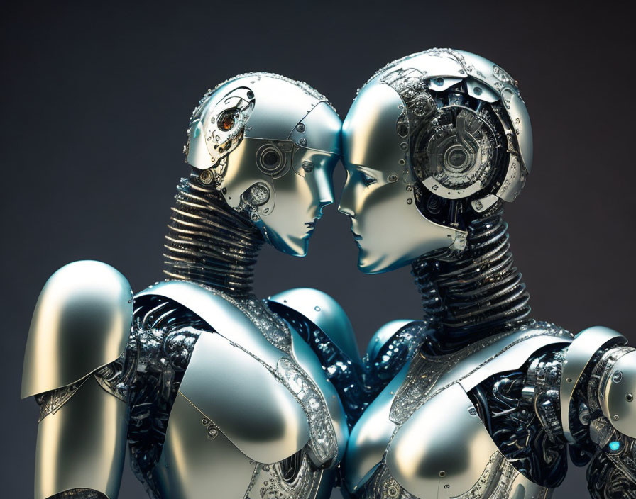 Intricately designed humanoid robots touching foreheads